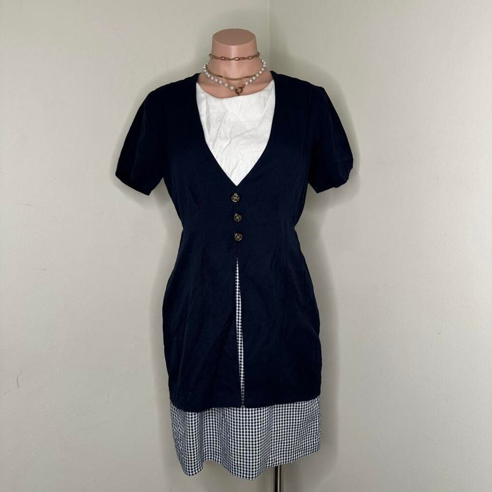 Y2K Preppy Mini Navy Blue Work Dress Vintage Womens S - M